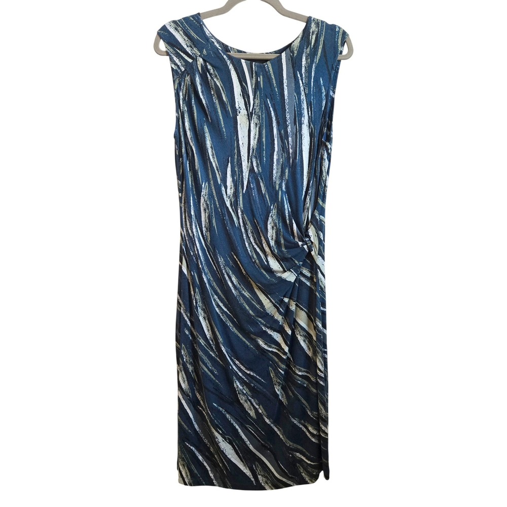 NIC+ZOE Womens M Chic Blue Abstract Brushstroke Side Knot Sheath Dress Teal Navy
